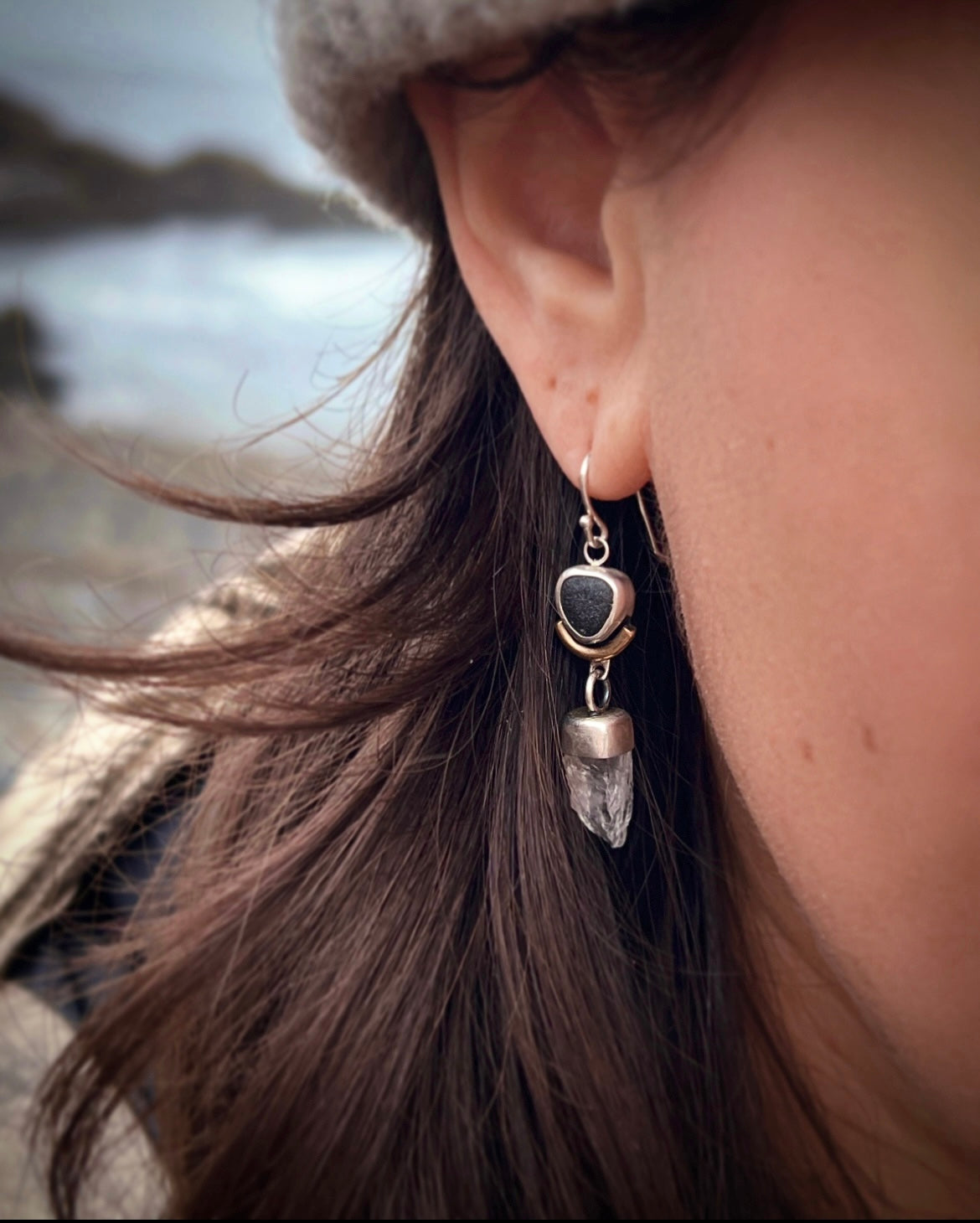 Beach Pebble & Forest Quartz Dangles